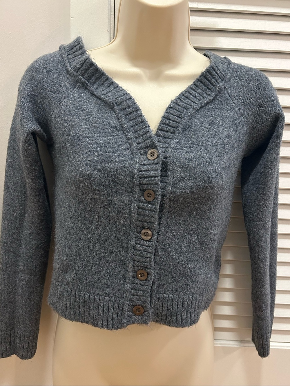 Dance & Marvel Blue Gray V-off the shoulder Button Cardigan
